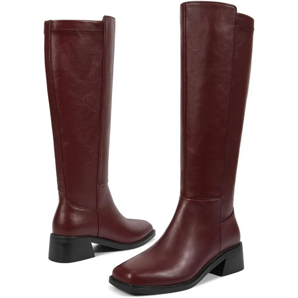 Women Brown Chunky Low Heel Square Toe Elastic Tall Boots Side Zipper PU Lea